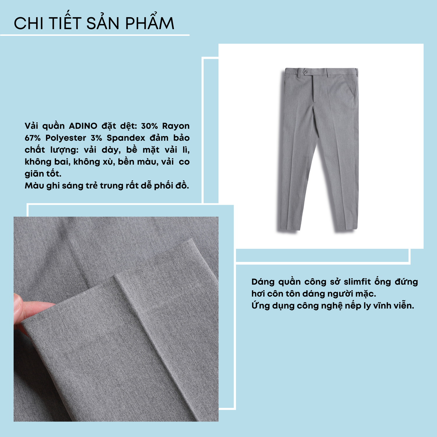 Quần âu nam hàn quốc màu ghi sáng ADINO vải rayon polyester co giãn không bai không xù dáng công sở ống đứng hơi côn QA131