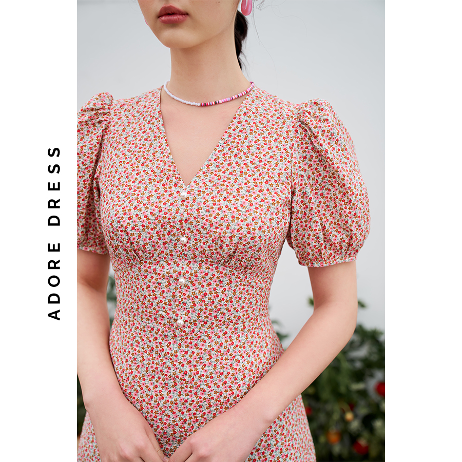 Đầm mini dress thô xốp hoa nhí 2 màu đỏ hồng và trắng xanh  3ASDR1185 ADORE DRESS