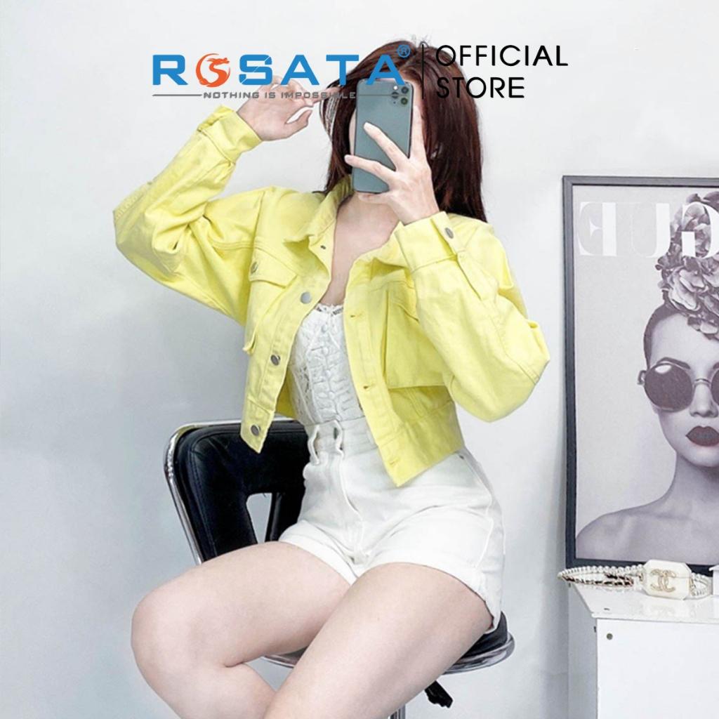 Áo khoác nữ ROSATA K19-V croptop jeans túi hộp tay dài cao cấp thoáng mát vàng nhạt xuất xứ Việt Nam