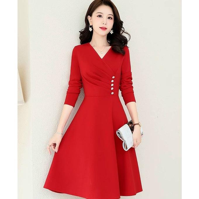 Đầm váy nữ dài tay đính ngọc dự tiệc chữ A màu đỏ xanh sang trọng quý phái