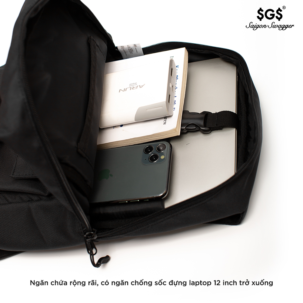 Balo Mini Đen Saigon Swagger SGS - Balo Laptop Thời trang, Chất liệu Polyester tráng PU cao cấp, trượt nước chống thấm nước, Ngăn chống sốc riêng biệt, Độ bền cao, Nhiều ngăn, Balo Học Sinh