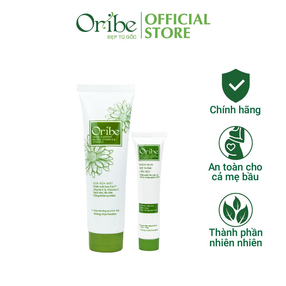 Combo 1 Kem Hỗ Trợ Trị Mụn, Mờ Thâm, Liền Sẹo Do Mụn Oribe 20g + 1 Sữa Rửa Mặt Dịu Nhẹ, Dưỡng Ẩm, Làm Sạch Sâu Oribe 100g