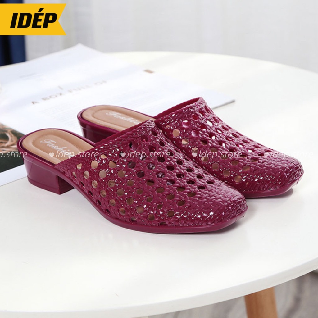 Dép sục nhựa dẻo lỗ đi mưa nữ đế vuông cao 4cm cao su êm chân chống trơn iDÉP S069