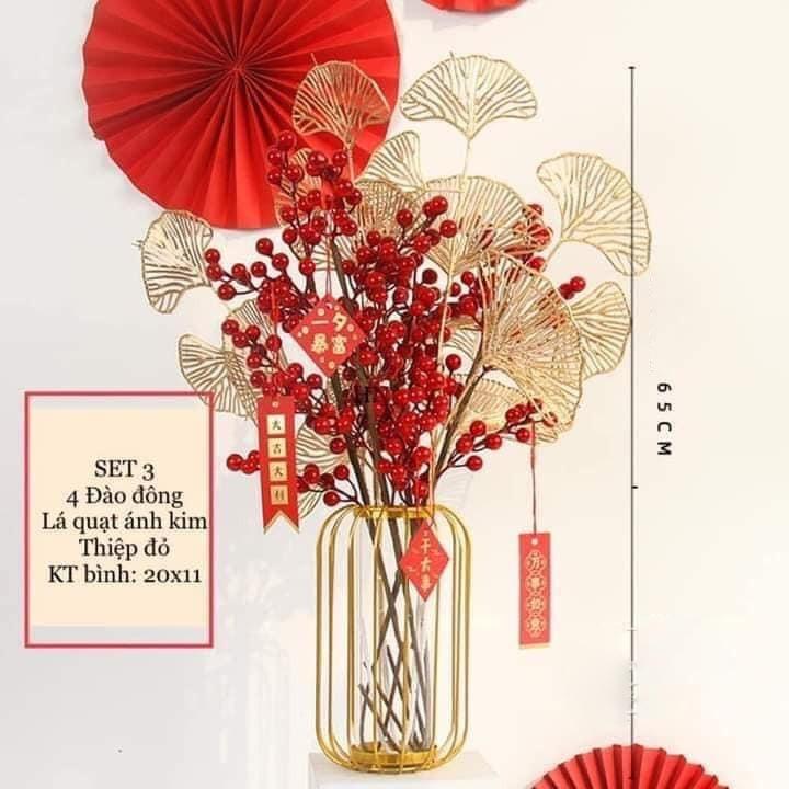 Bình hoa đào đông đỏ giả tài lộc, hoa giả để bàn decor, trang trí cao cấp