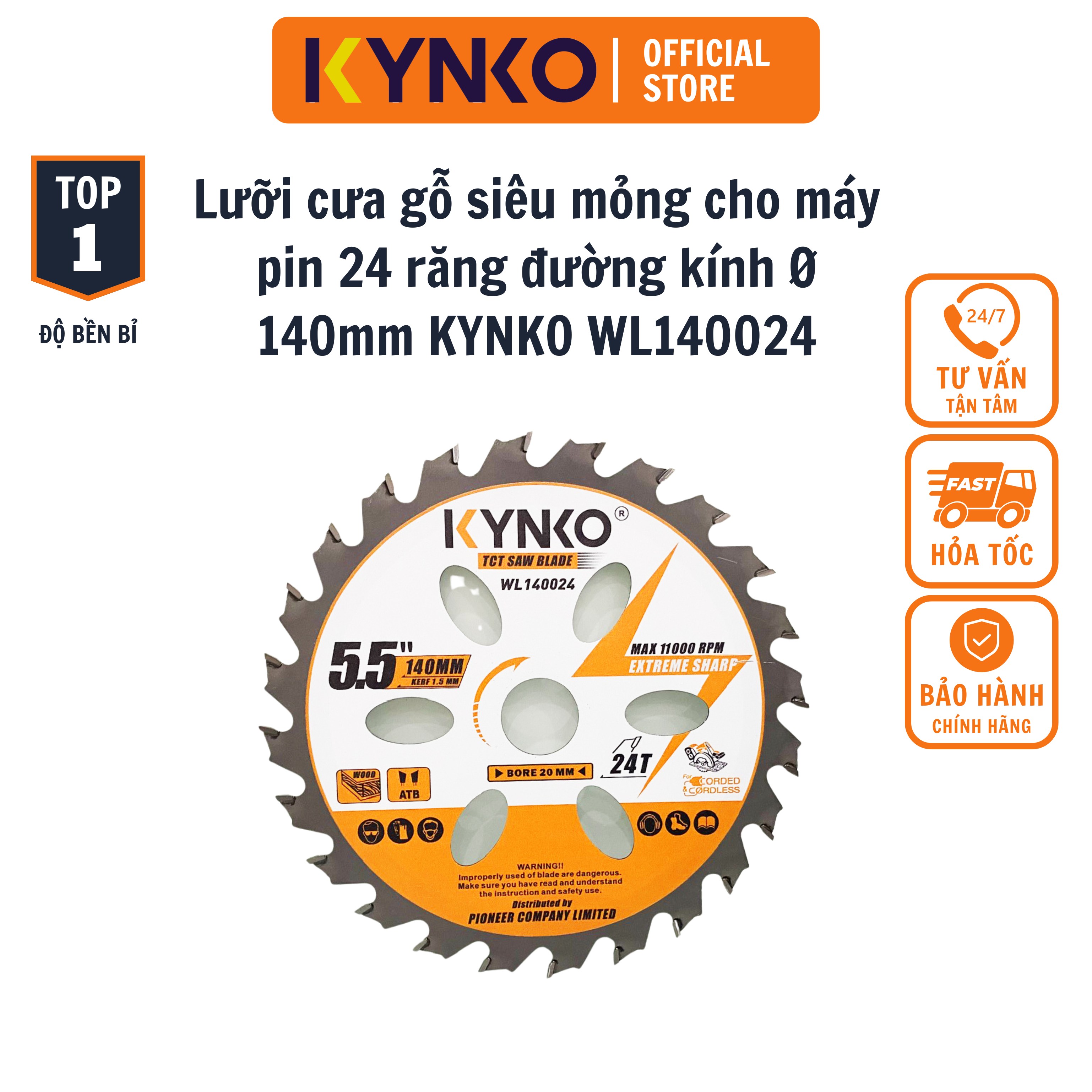 Lưỡi cưa gỗ siêu mỏng cho máy pin 24 răng đường kính Ø 140mm KYNKO WL140024