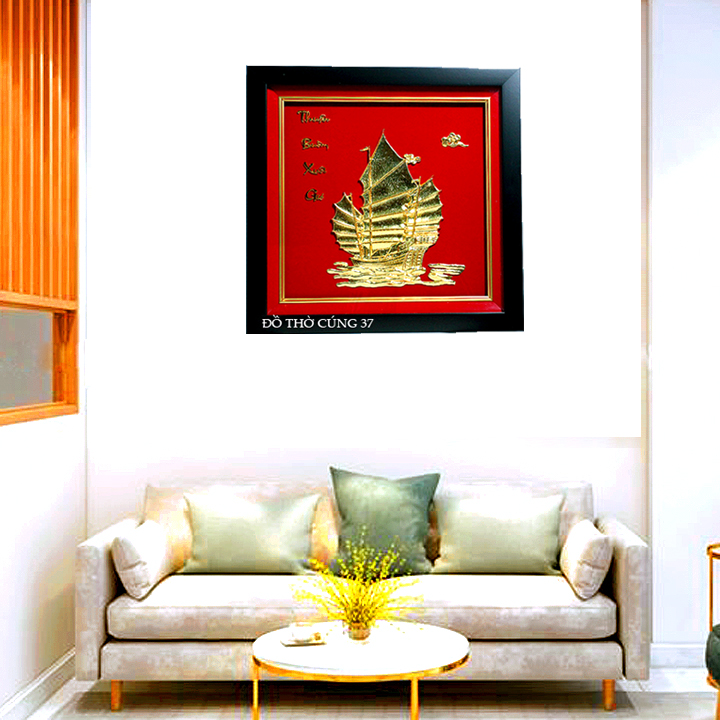 Tranh Thuyền Buồm Xuôi Gió Mạ Vàng, dát vàng 24k