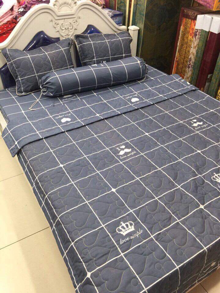 Bộ chăn ga sọc caro vỏ gối 5 món 1m6x2m , thời trang - Poly 5 món, cam kết hàng chuẩn 100%