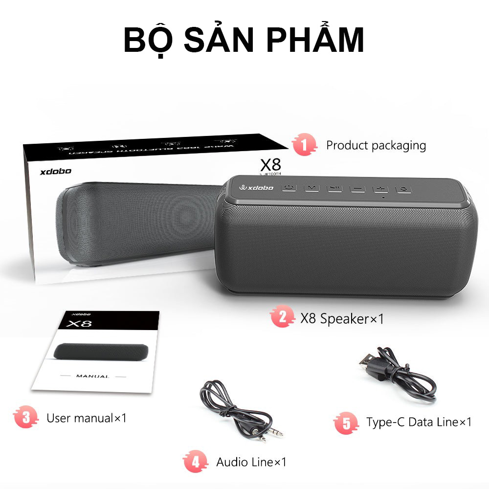 Loa Bluetooth 5.0 Xdobo X8 II Công Suất 60W, Loa Di Động Ngoiaf Trời Chống Nước IPX5, Hỗ trợ 3 chế độ phát Bluetooth/Thẻ TF/AUX - Hàng chính hãng