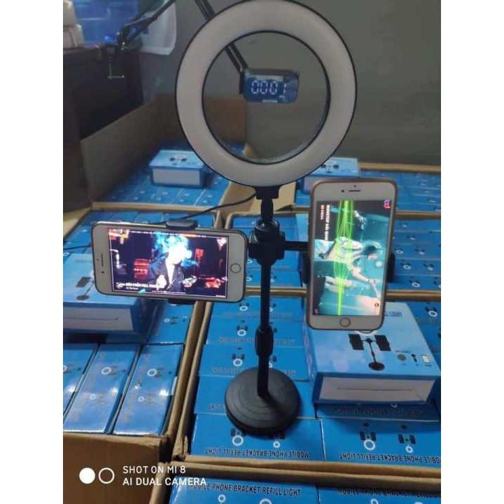 Giá Đỡ 2 Điện Thoại Có Đèn Led LiveStream, Kẹp Điện Thoại Để Bàn Quay Video Tiktok Có Đèn Led 3 Màu