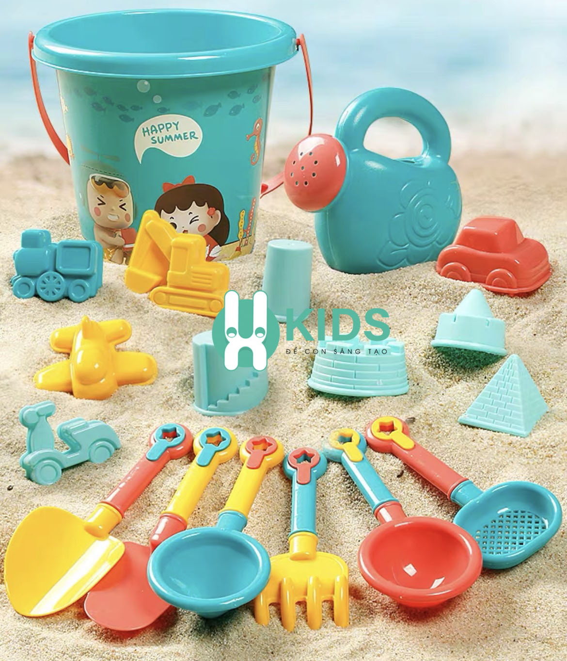 Bộ đồ chơi xúc cát dụng cụ đi biển nghịch nước 18 chi tiết cỡ lớn cao cấp kèm xô đựng, xẻng, bình tưới nước cho bé