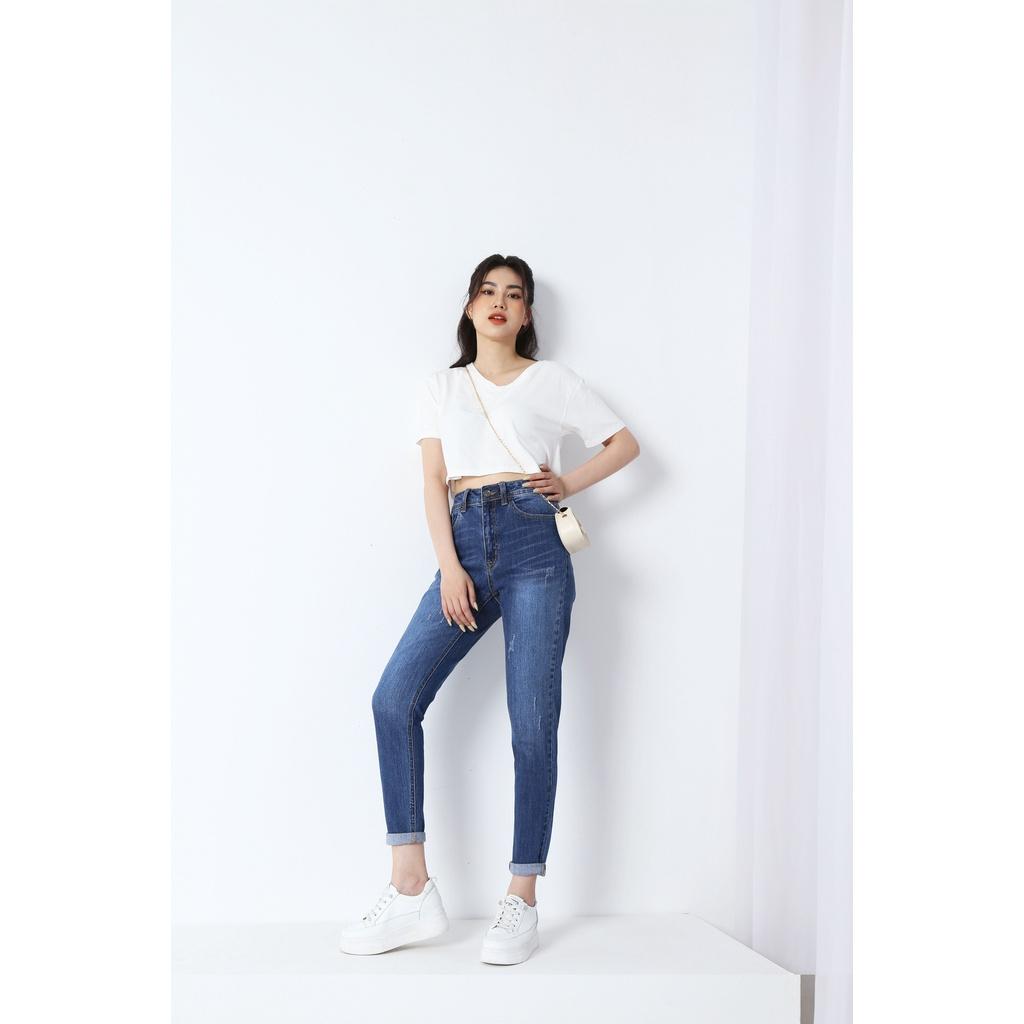 Quần jean nữ boyfriend baggy xước 9 tấc co giãn CT JEANS