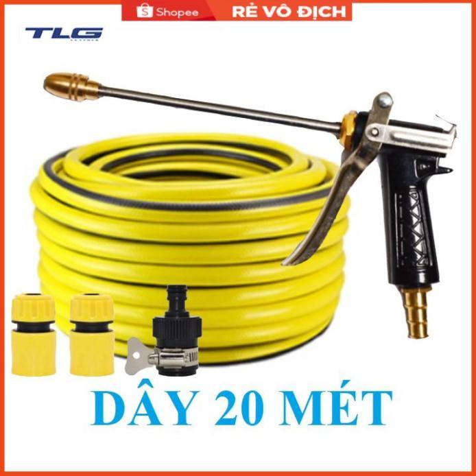 Bộ dây vòi xịt nước rửa xe, tưới cây . tăng áp 3 lần, loại 20m 206318 đầu đồng, cút, nối đen