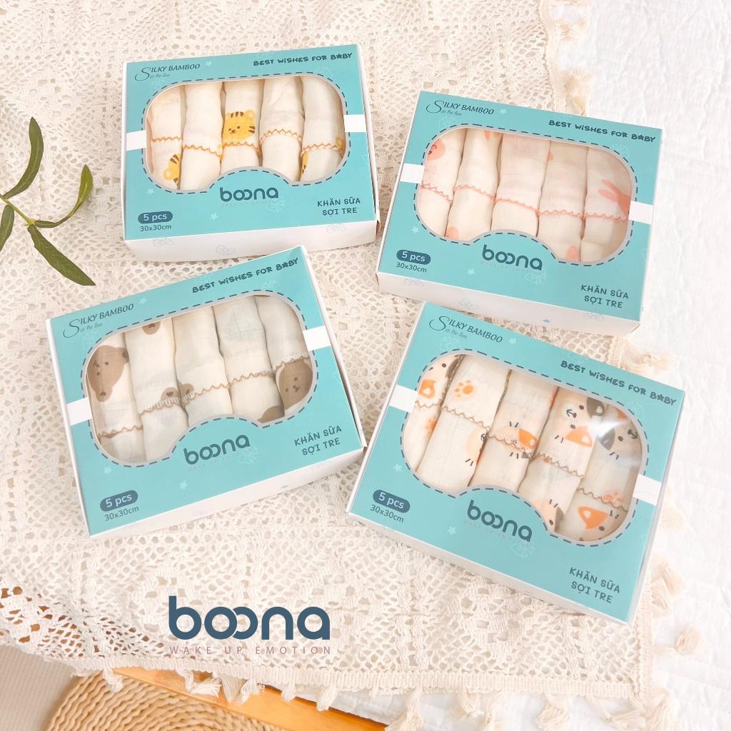 Khăn Sữa Sợi Tre 2 lớp Boona cao cấp, thấm hút tốt, mềm mịn với làn da bé KT 30x30cm