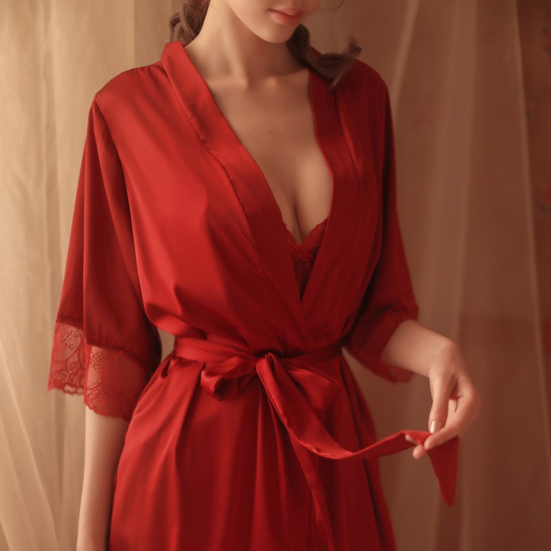 [Hantu Sleepwear] Set áo choàng +váy ngủ lụa mặc nhà sang trọng ,sexy kèm đai áo màu đen,màu đỏ,màu hồng,màu trắng