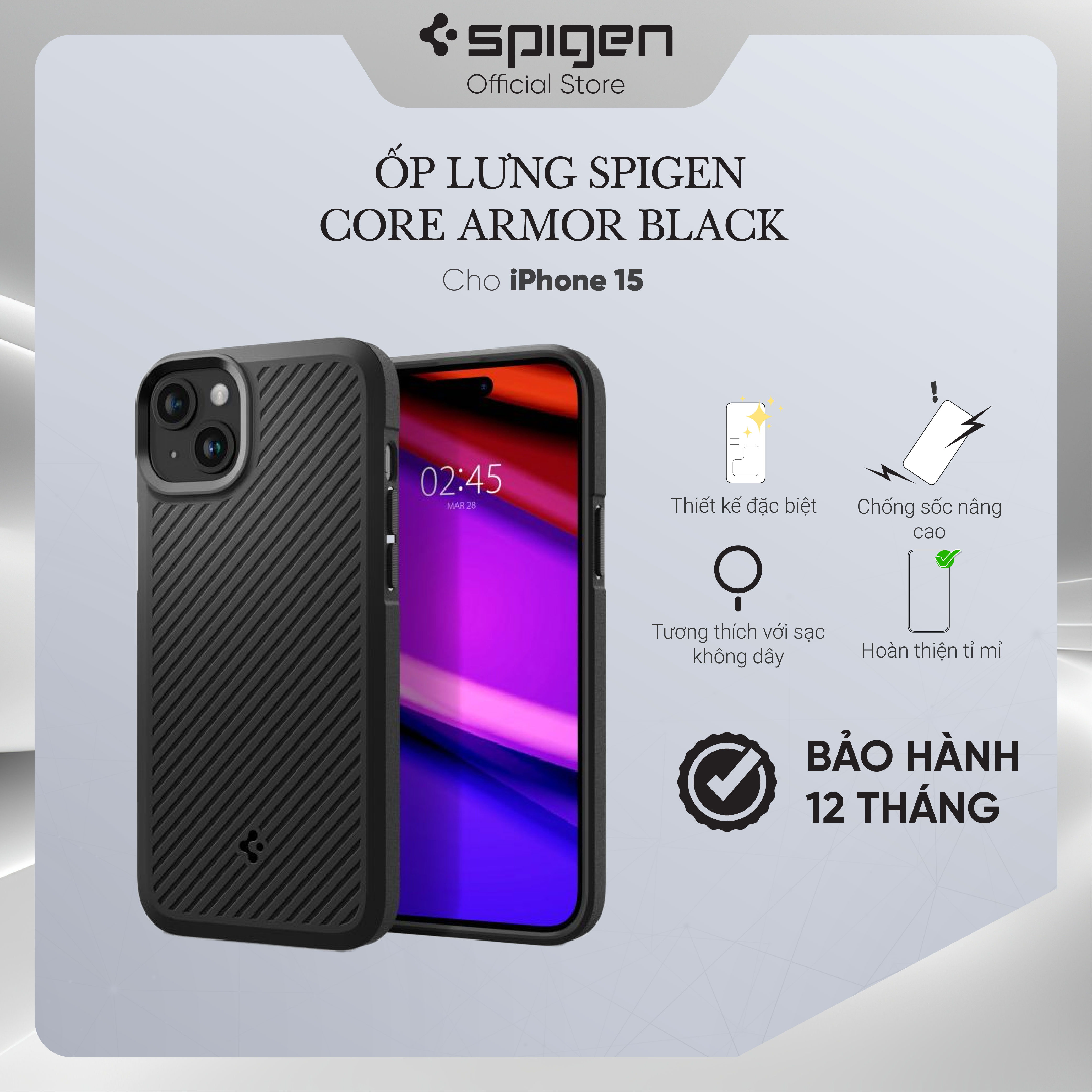 Ốp lưng cho iPhone 15 Pro Max/ 15 Pro/ 15 Plus/ 15 Spigen Core Armor Matte Black - Hàng chính hãng