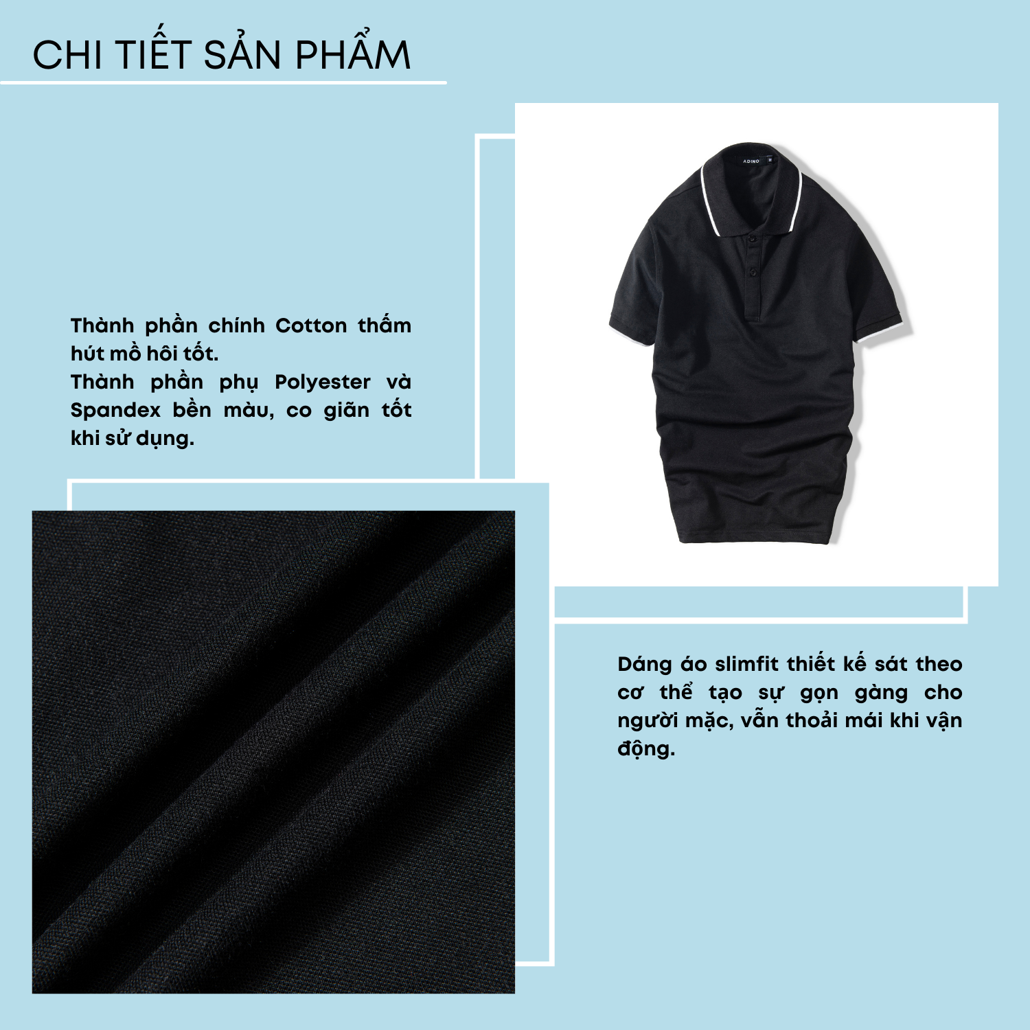 Áo polo nam ADINO màu đen phối viền vải cotton co giãn dáng slimfit trẻ trung AP70