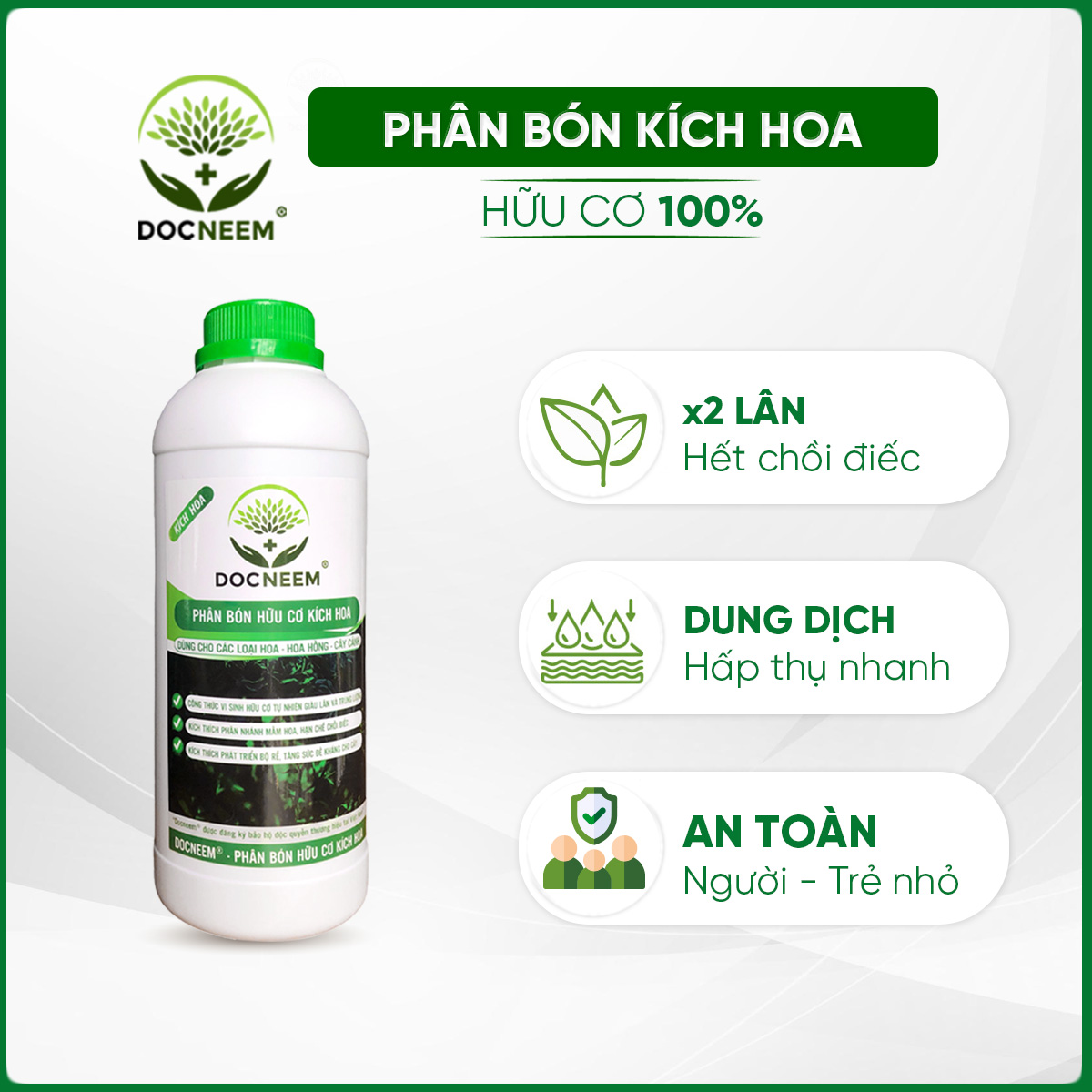 Phân bón hữu cơ Kích Hoa cho Hoa hồng, Hoa lan, cây cảnh, cây kiểng trong nhà và ngoài trời, giàu lân giúp phân nhánh nụ, hoa, giảm chồi điếc, dung tích 1 lít, chính hãng DOCNEEM