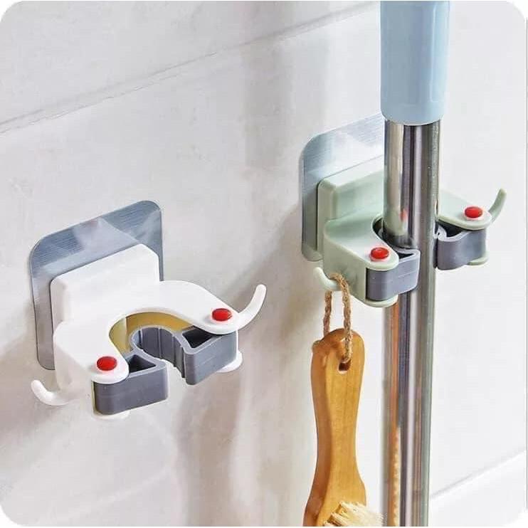 Móc Dán Tường Kẹp Giữ Cây Lau Nhà Kèm 2 Móc Phụ Treo Đồ - Móc Treo Chổi, Treo Ô, Đồ Dùng Đa năng cao cấp