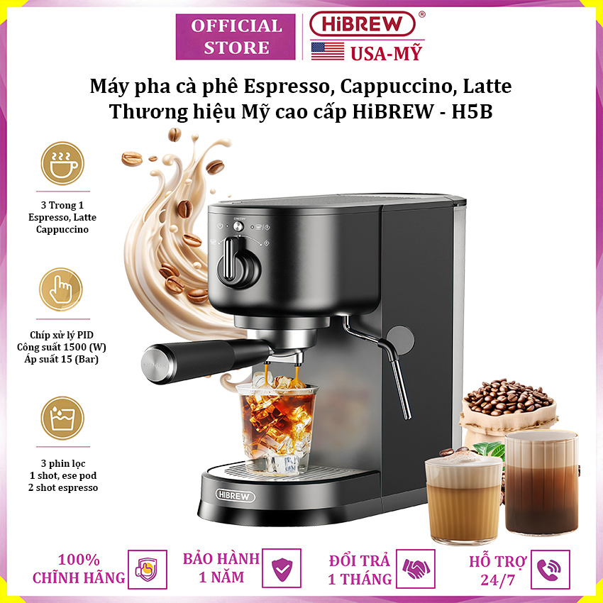 Máy pha cà phê Espresso, Cappuccino, Latte thương hiệu Mỹ cao cấp HiBREW H5B - Công suất 1500W, áp suất 15bar - Hàng nhập khẩu