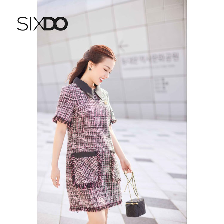 Đầm suông tweed cổ sơ mi thời trang SIXDO