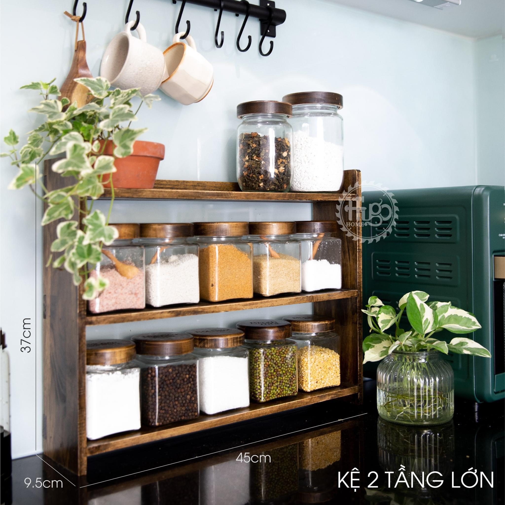 Kệ đựng gia vị nhà bếp 2 tầng gỗ thịt tự nhiên