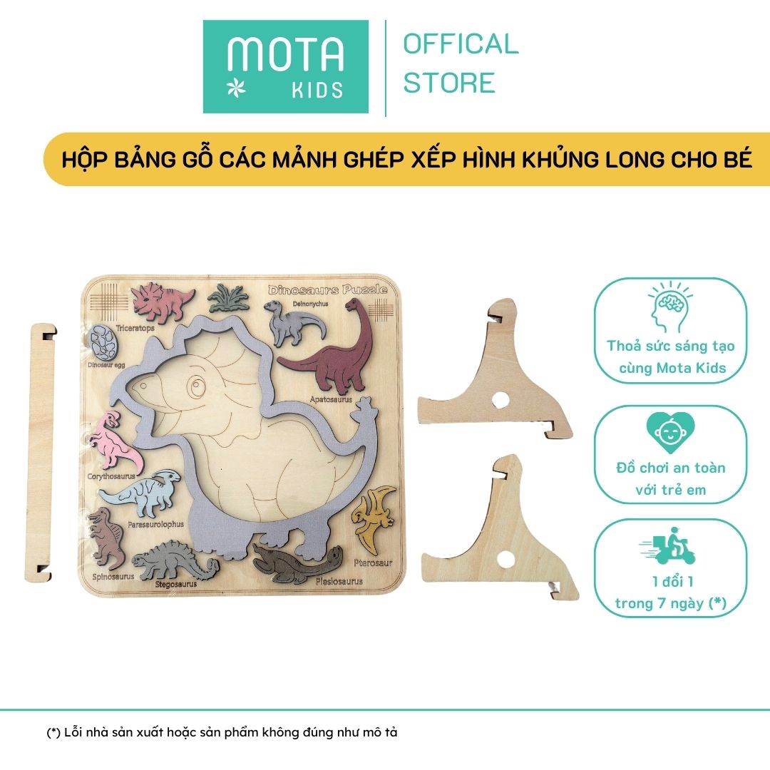 [M2490-8 - Mota Montessori] Đồ chơi cho bé Hộp bảng gỗ các mảnh ghép xếp hình khủng long - Hàng chính hãng