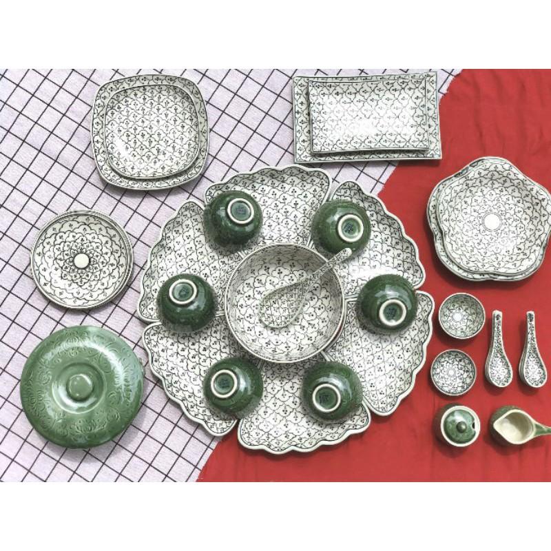Set đồ ăn mặt trời 33 sản phẩm vẽ tay khắc hoa men Ngọc lục bảo