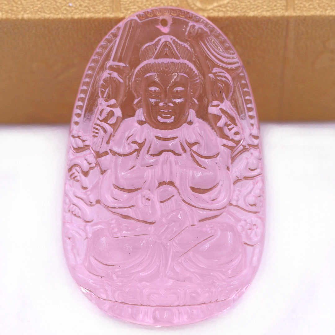 Mặt Phật Quan âm nghìn tay nghìn mắt pha lê hồng 1.9cm x 3cm  kèm vòng cổ dây chuyền inox rắn vàng + móc inox vàng, Mặt Phật Quan âm