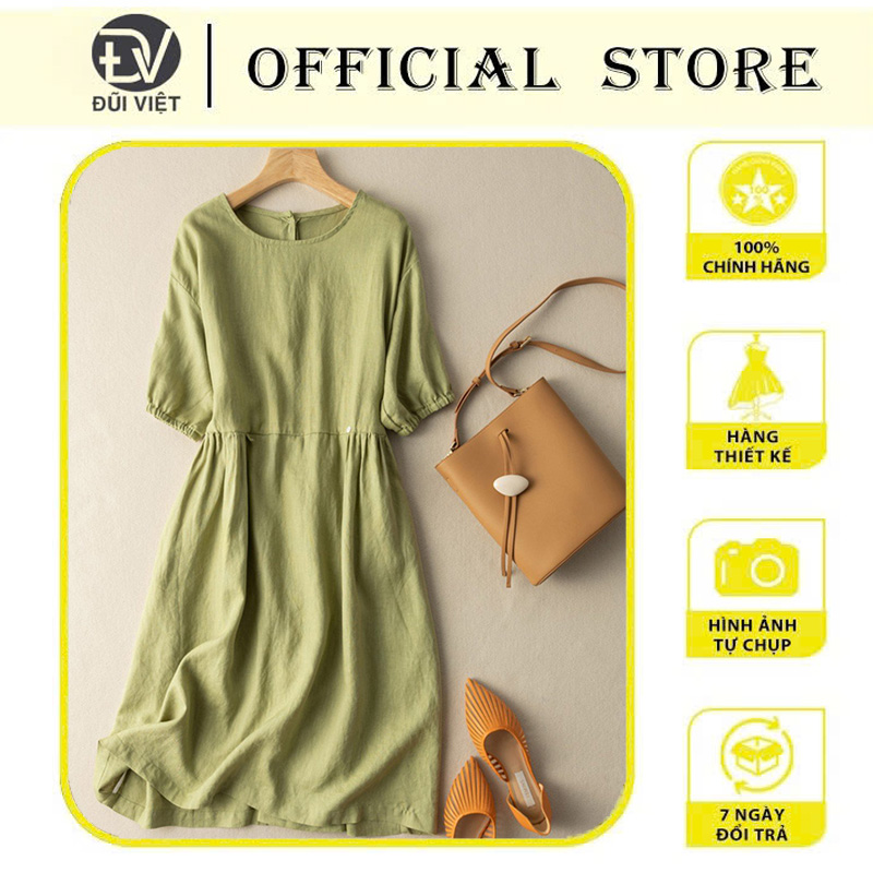 Đầm dáng suông cổ tròn dập ly ngắn tay bo chun, Váy linen suông dài phong cách retro Đũi Việt DV188