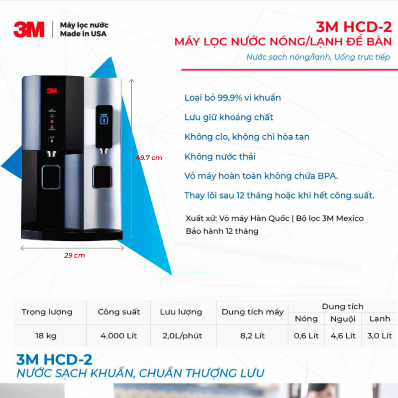 Máy Lọc Nước Nóng Lạnh Để Bàn 3M HCD-2 Cao Cấp, Công Nghệ Bảo Vệ Kép 3M Với Đèn UV, Nhập Khẩu Mỹ - Hàng Chính Hãng 3M