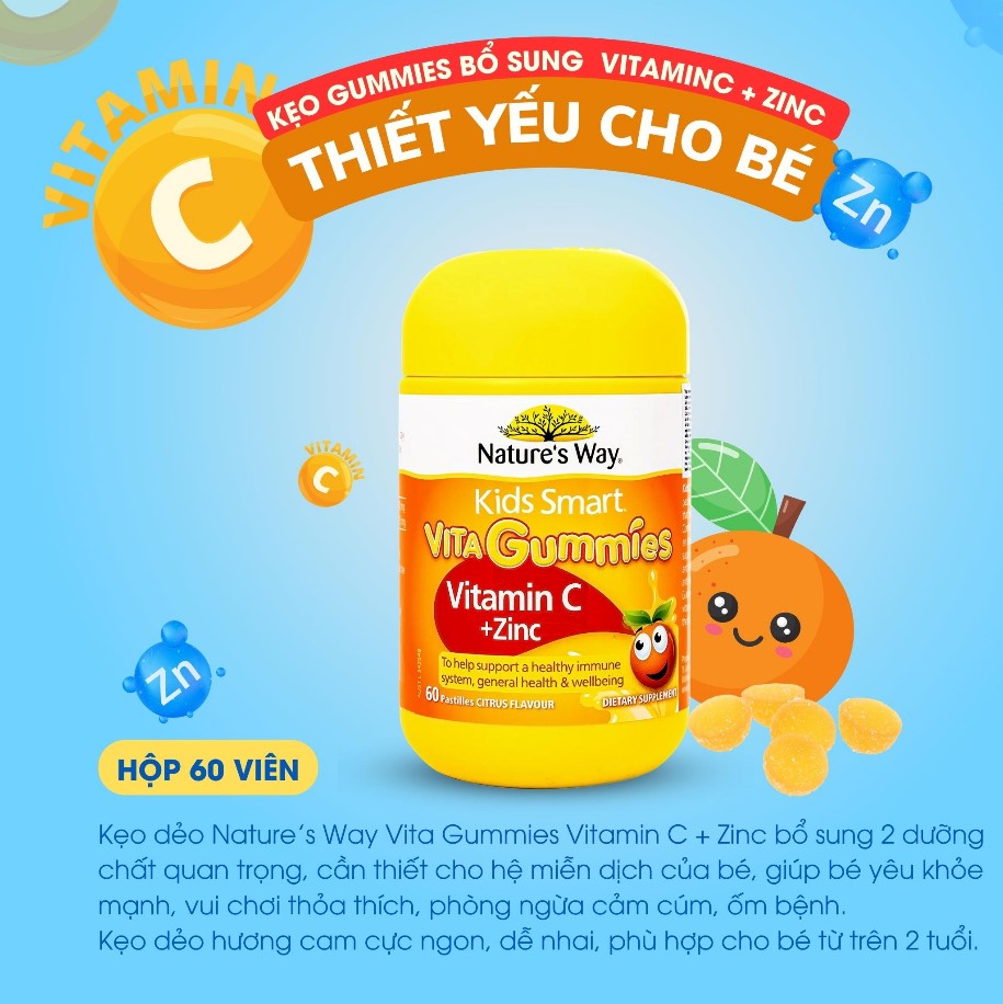 Hỗ trợ sức khỏe hệ miễn dịch cho trẻ Nature's Way Vita Gummies Vitamin C + Zinc tăng sức đề kháng, nhanh lành bệnh, hỗ trợ ăn ngon - OZ Slim Store