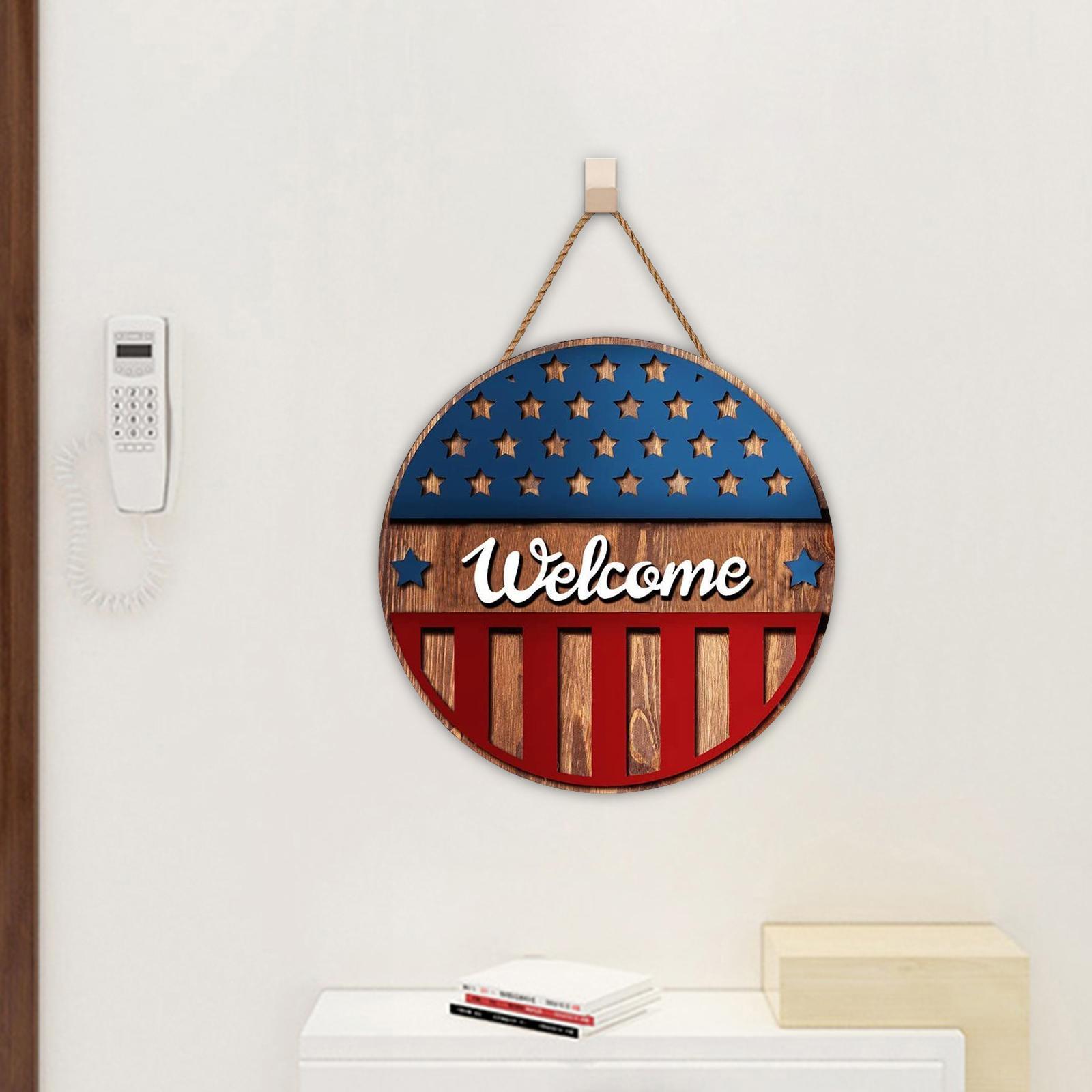 Welcome Door Sign Ornament Plaque Independence Day Wall Home Hanging Decor