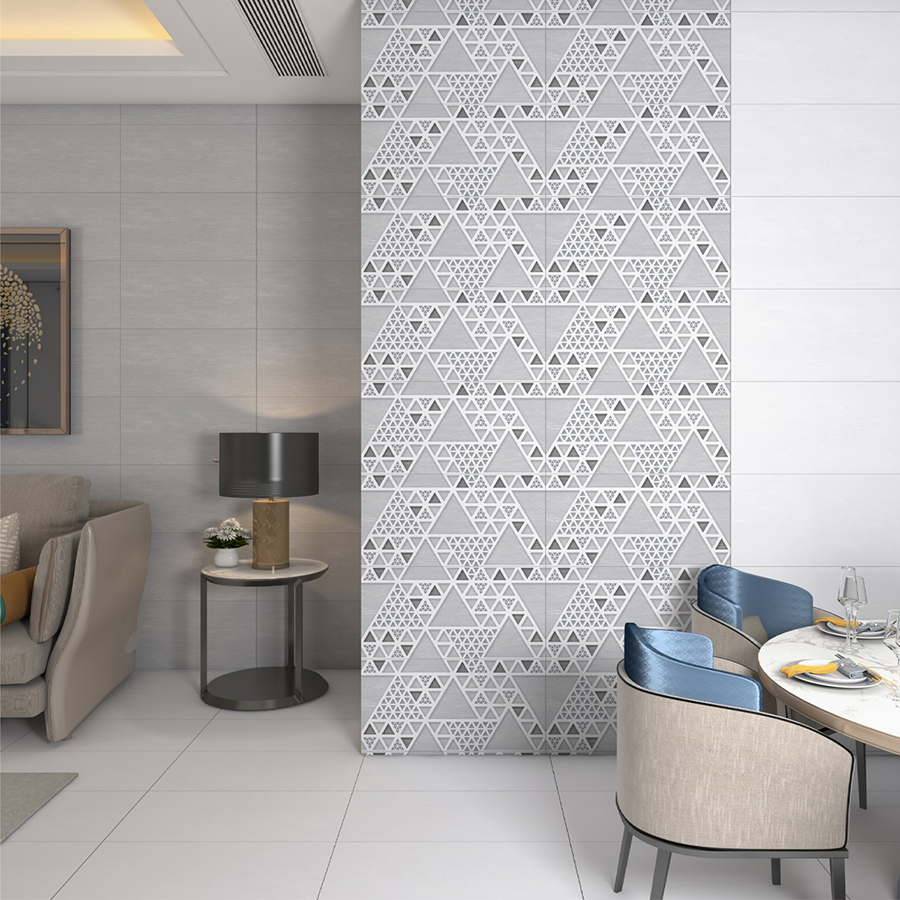 Gạch men ốp tường LUSTRA INCEF0300600013D1 màu xám trắng chủ đạo, hoa văn hình tam giác mạnh mẽ, độ hút ẩm thấp (&lt;0.5%), kích thước 300mmx600mm- Hàng chính hãng