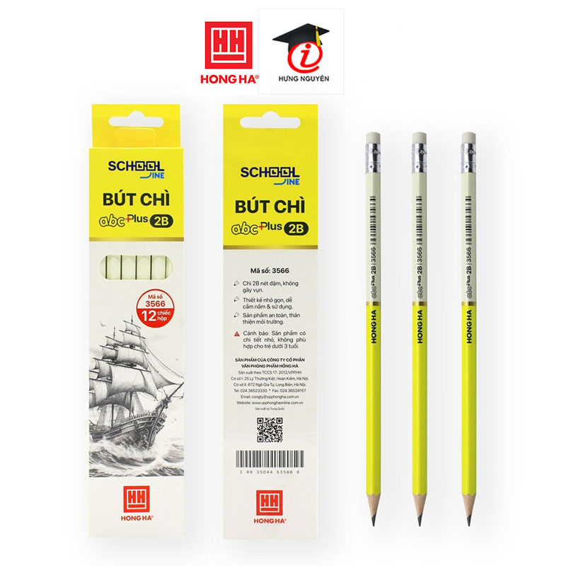 Hộp 12 bút chì gỗ 2B Hồng Hà kèm đầu tẩy  ABC Plus - 3566 chuyên dùng viết, vẽ phác thảo