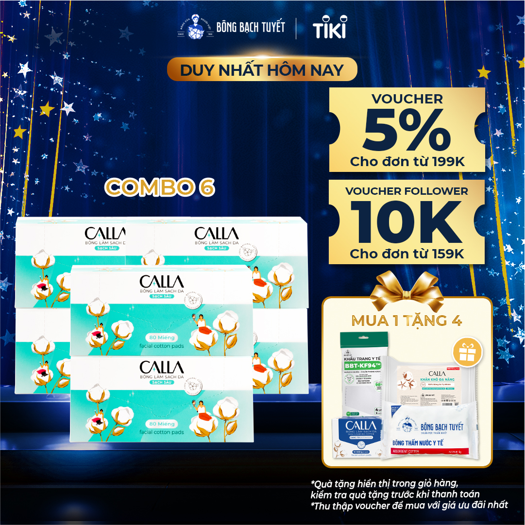 Combo 6 Hộp Bông tẩy trang làm sạch da Calla Sạch sâu 80 miếng/hộp