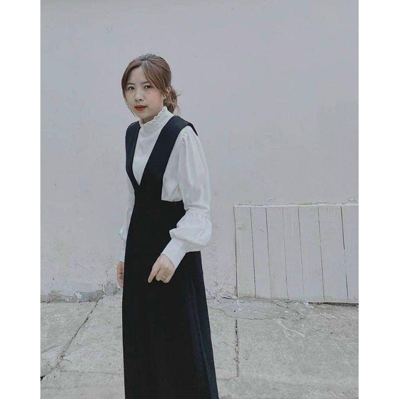 Sét Váy Yếm Kèm Áo Sơ Mi Tay Bồng, Yếm Nữ Ulzzang Phong Cách Hàn Quốc