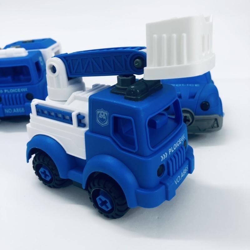 Xe ô tô cảnh sát, cứu thương, cứu hộ, combo 4 xe kèm cờ lê tua vít lắp ráp
