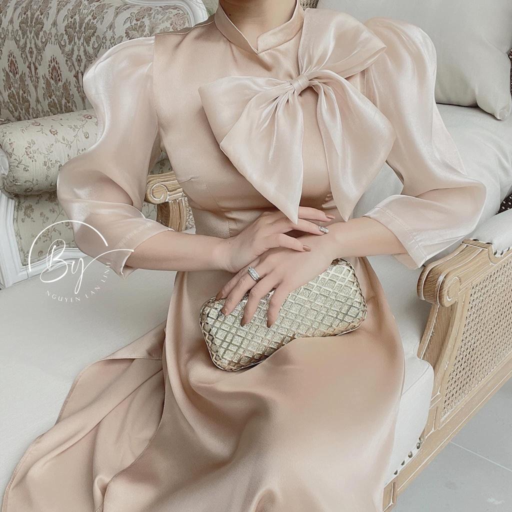 Áo Dài, Áo Cách Tân Đính Nơ Cổ Kết Hợp Tvai Bồng Thiết Kế Đơn Giản Mã A28
