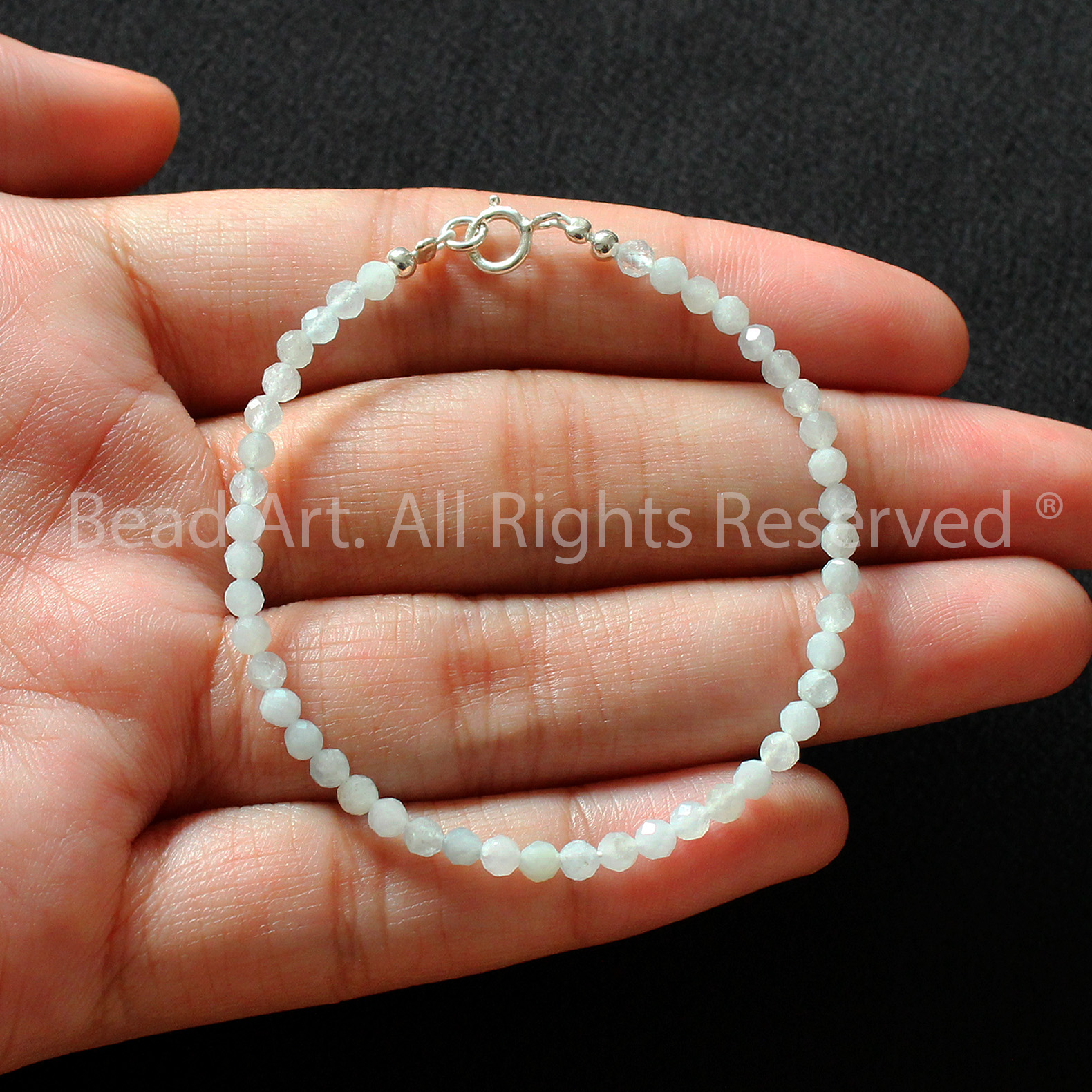 Lắc Tay 3MM Đá Aquamarine Tự Nhiên, Hải Lam Ngọc, Màu Xanh Biển Giác Cắt Và Bạc 925, Thuỷ, Mộc, Vòng Tay Phong Thuỷ, Chuỗi Hạt - Bead Art