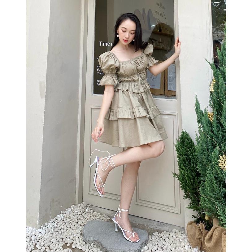 KIOBI – Đầm Artemis form mini ôm ngực, eo nhún thun, tay phồng, tùng xòe lai 2 tầng bèo, vải kate gân be - KID2112469B