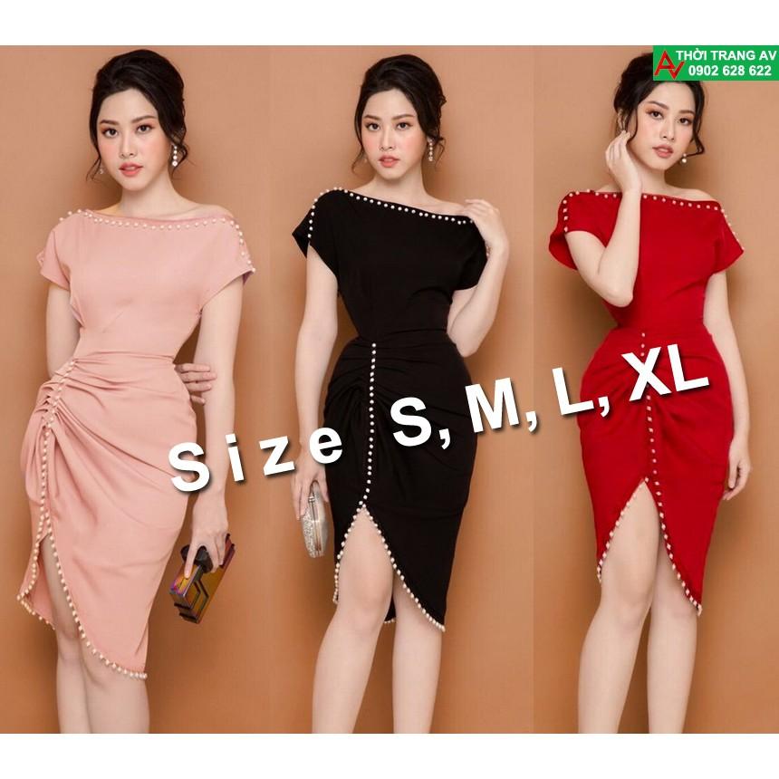 Đầm ôm body trễ vai cổ rộng lai xéo đính hạt - AV6153
