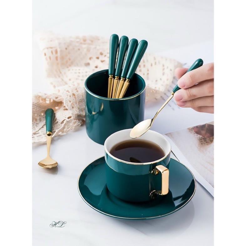 Thìa cà phê vàng cán sứ xanh cổ vịt mẫu mới cao cấp