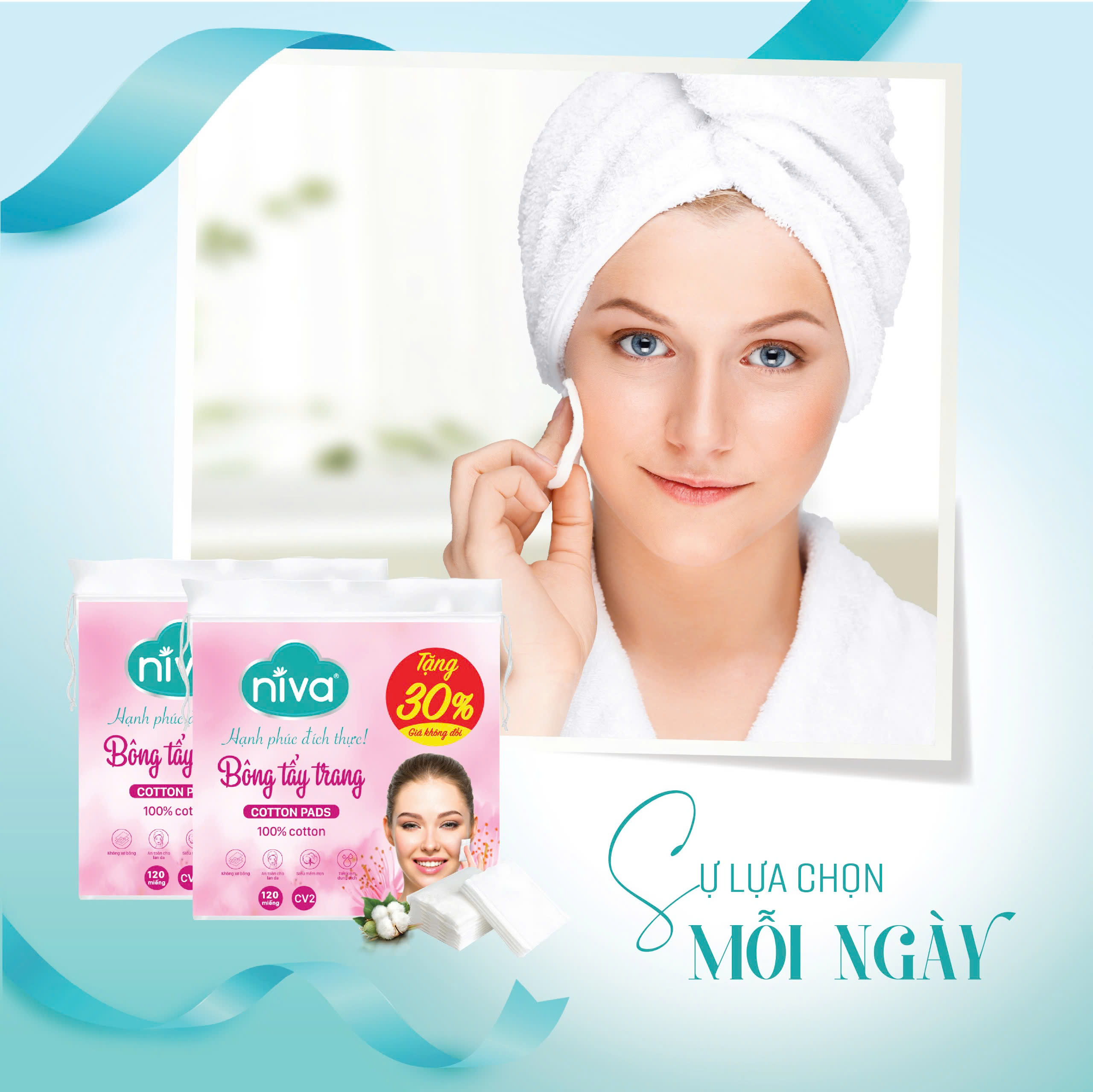 Túi 120 Miếng Bông Tẩy Trang Vuông NIVA Cotton Pads Cao Cấp CV2 Bông Thiên Nhiên Thuần Khiết