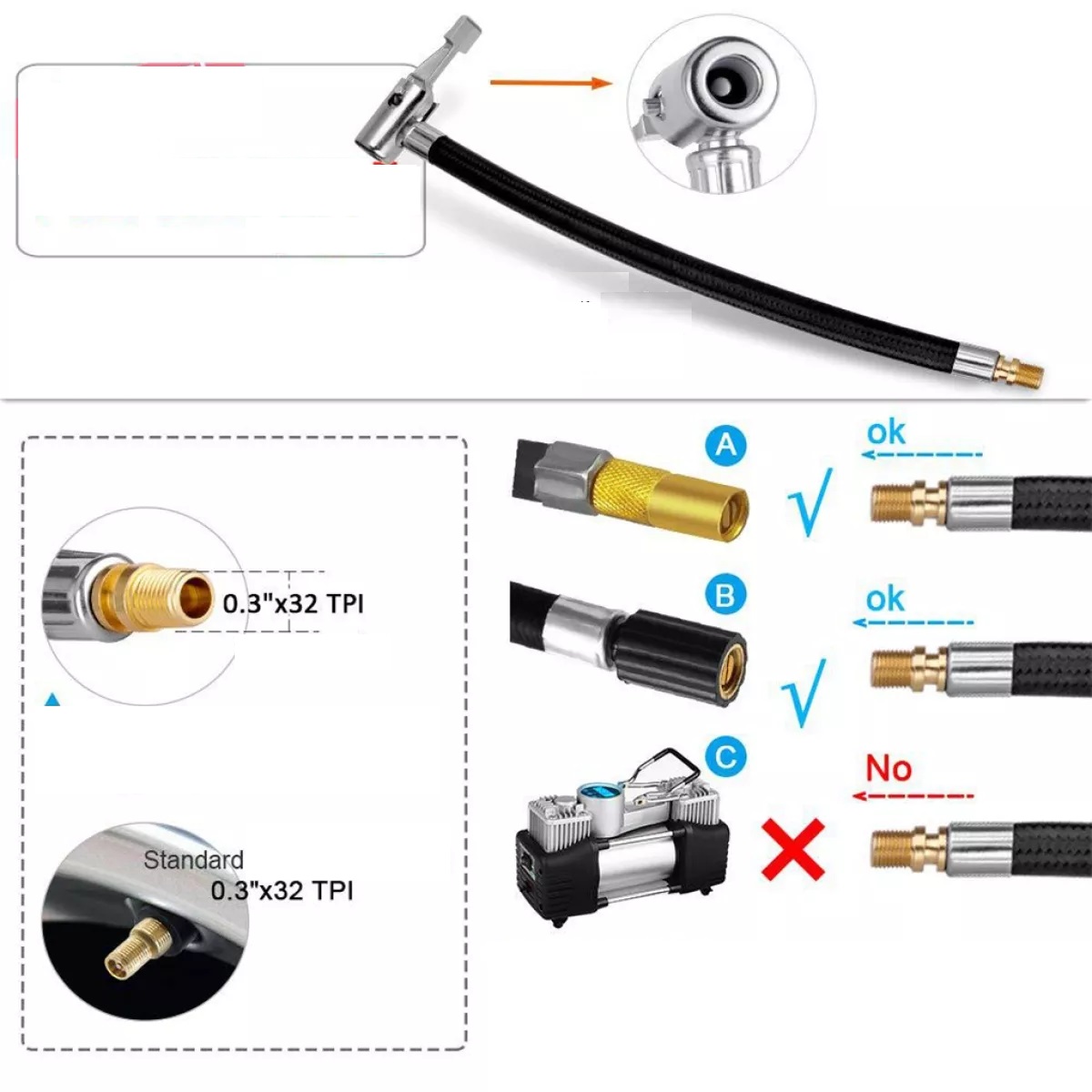 Ống nối bơm hơi cho lốp xe máy-Ống Vòi Bơm Mở Rộng bơm ô tô ren ngoài dài 20cm tặng kèm móc khóa