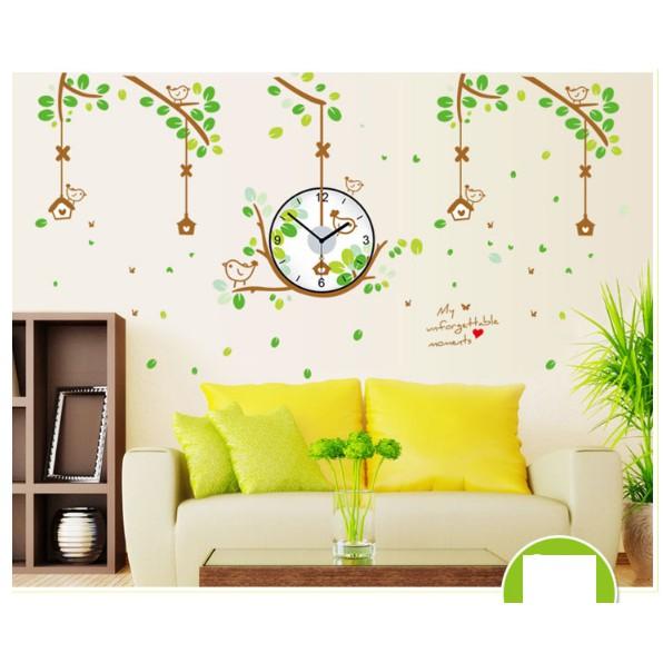 Decal Trang Trí Tường Kèm Đồng Hồ Dán Tường Cành Cây Con Chim Xanh