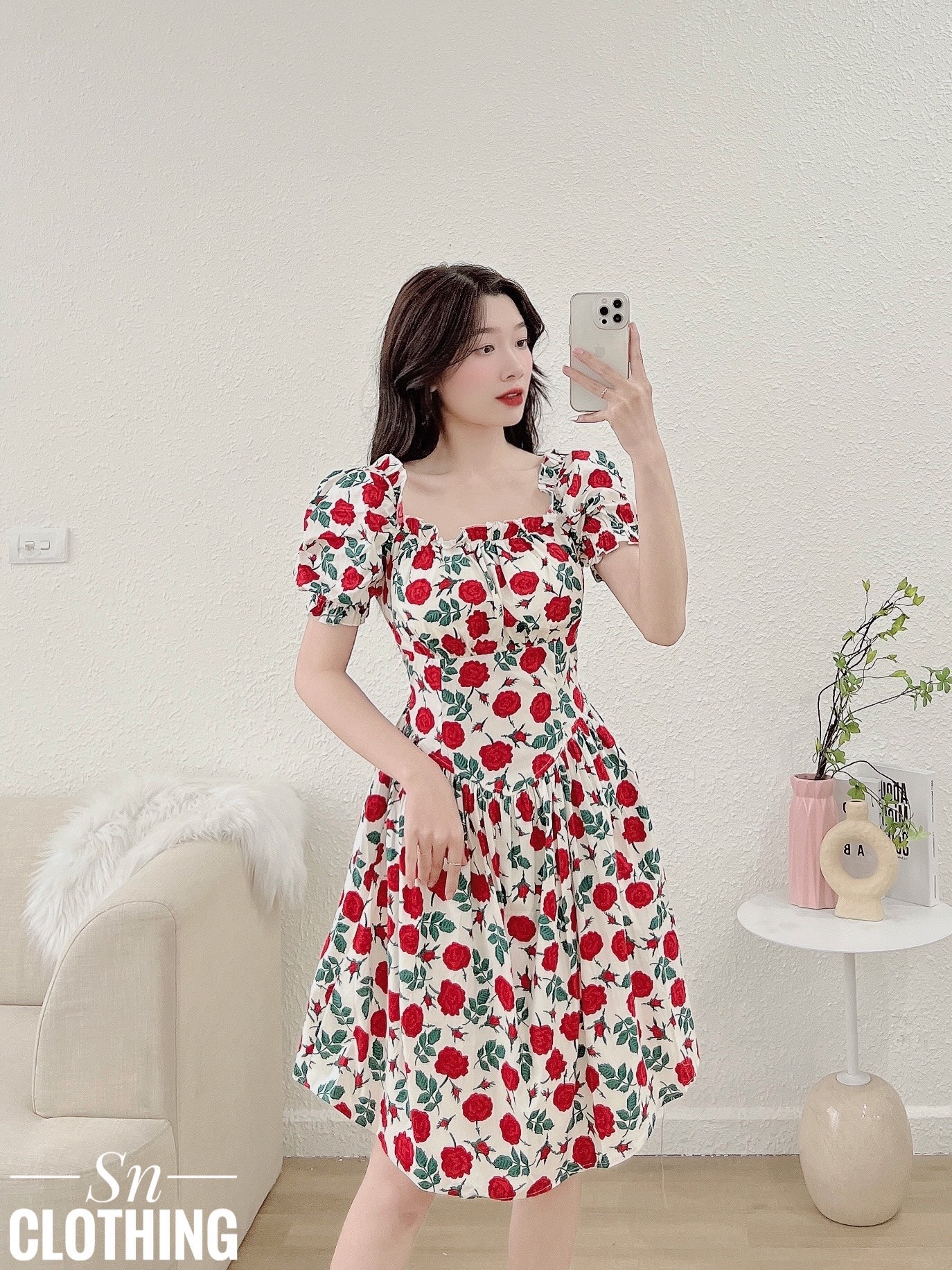 Đầm hoa nhí trễ vai có mút ngực - váy hoa nhí bèo ngực cột nơ tiểu thư