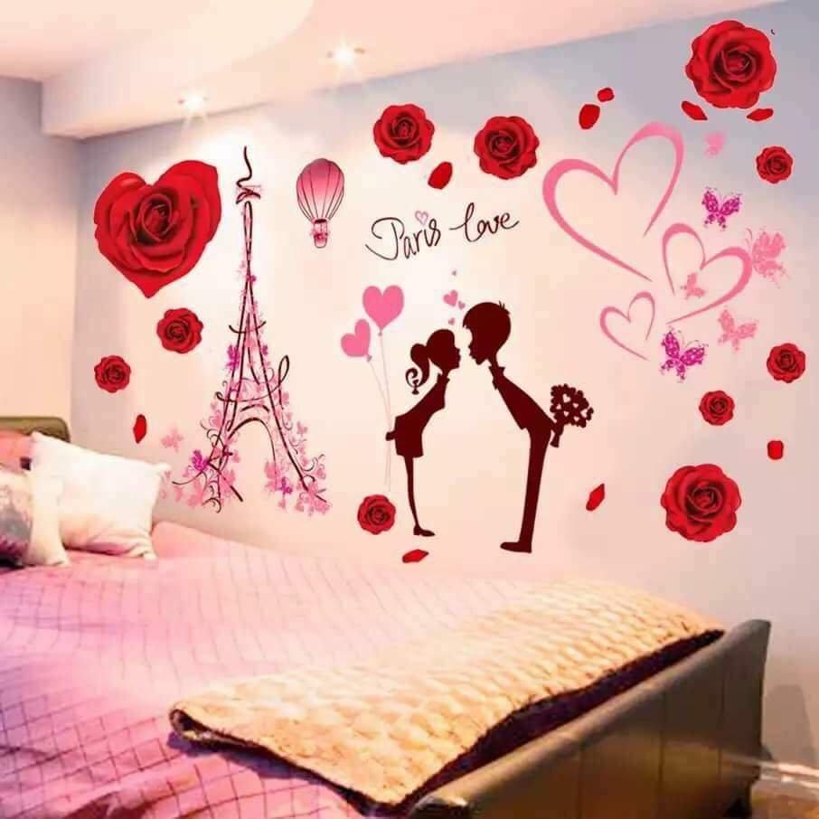 DECAL DÁN TƯỜNG TRÁI TIM HOA HỒNG ĐỎ VÀ CẶP ĐÔI - HP1041