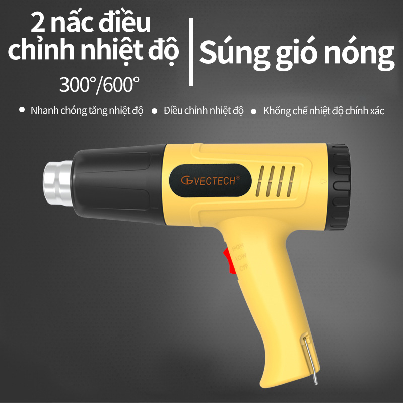 Máy khò nhiệt 200W Hai nấc điều chỉnh 300 600 độ Khò nóng nhanh chóng kiểm soát nhiệt độ tốt,gọn gàng giúp cho việc cầm nắm sử dụng trở nên đơn giản và không gây mỏi tay. 