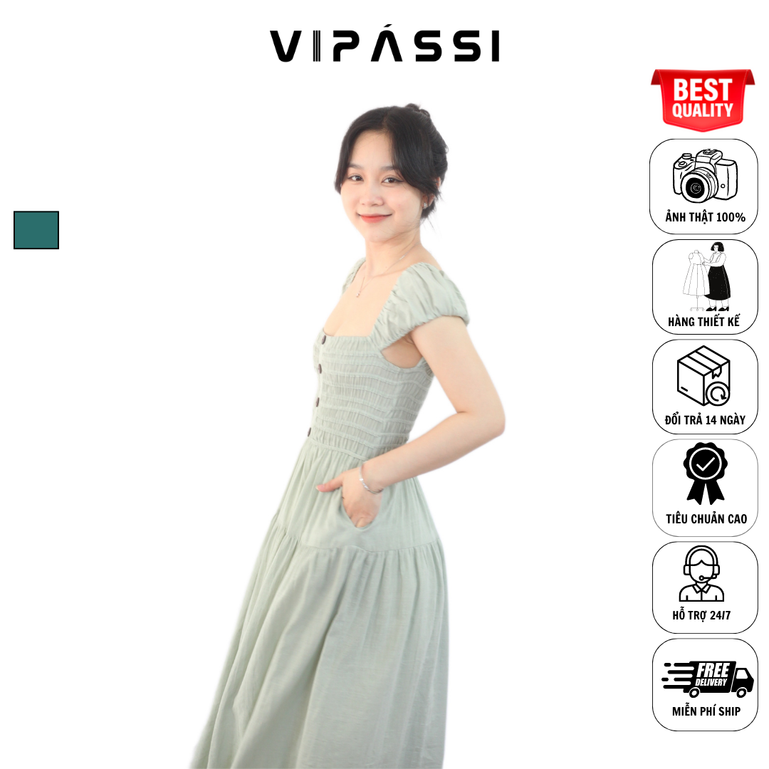 VIPÁSSI Đầm Linen Cộc Tay Dáng Dài Trễ Vai Nhún Thun Smocking Tùng Xòe Màu Xanh Bạc Hà