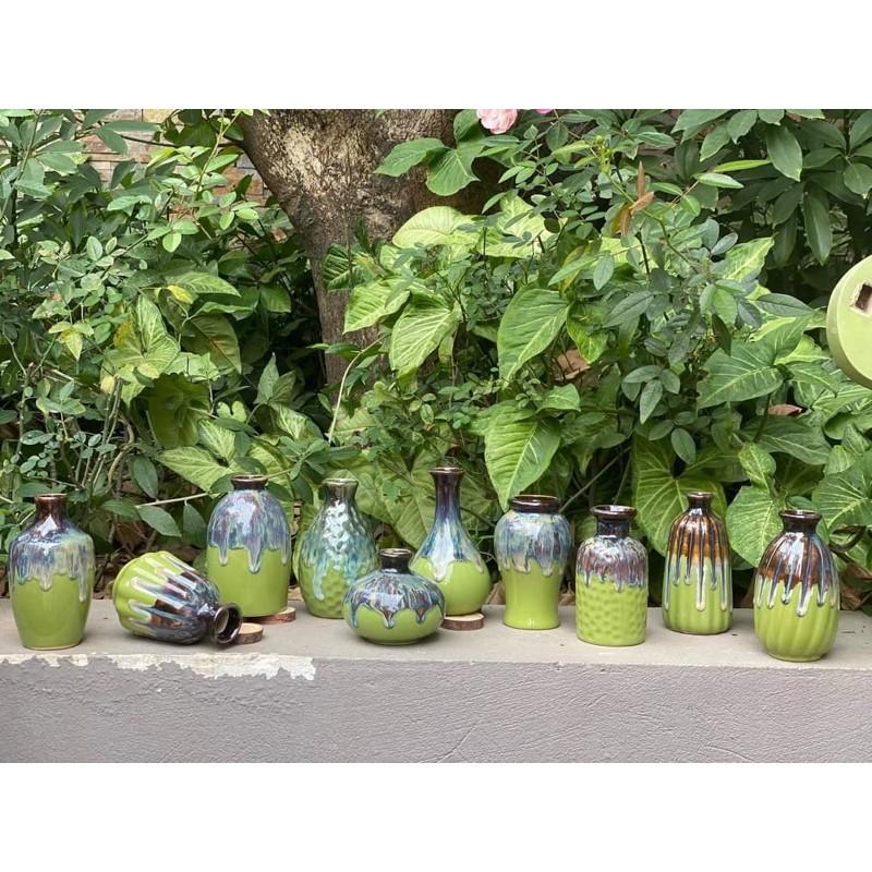 Lọ hoa mini gốm sứ Bát Tràng men hoả biến xanh lá